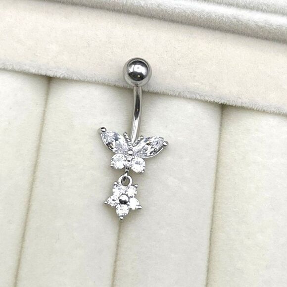 316L Stainless Steel with Diamond Cubic Zirconia Flower and Butterfly Belly Ring - Picture 2 of 7